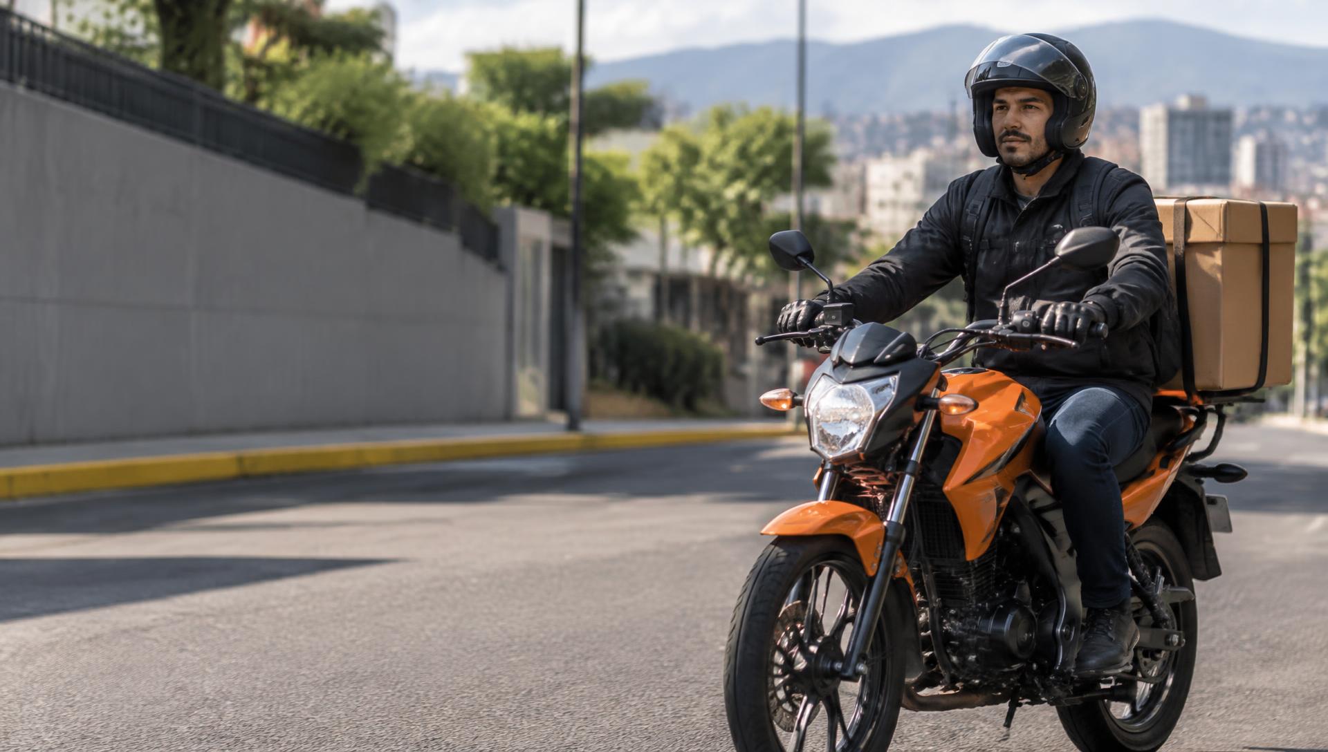 Mensajero en moto naranja con caja de cartón en San José