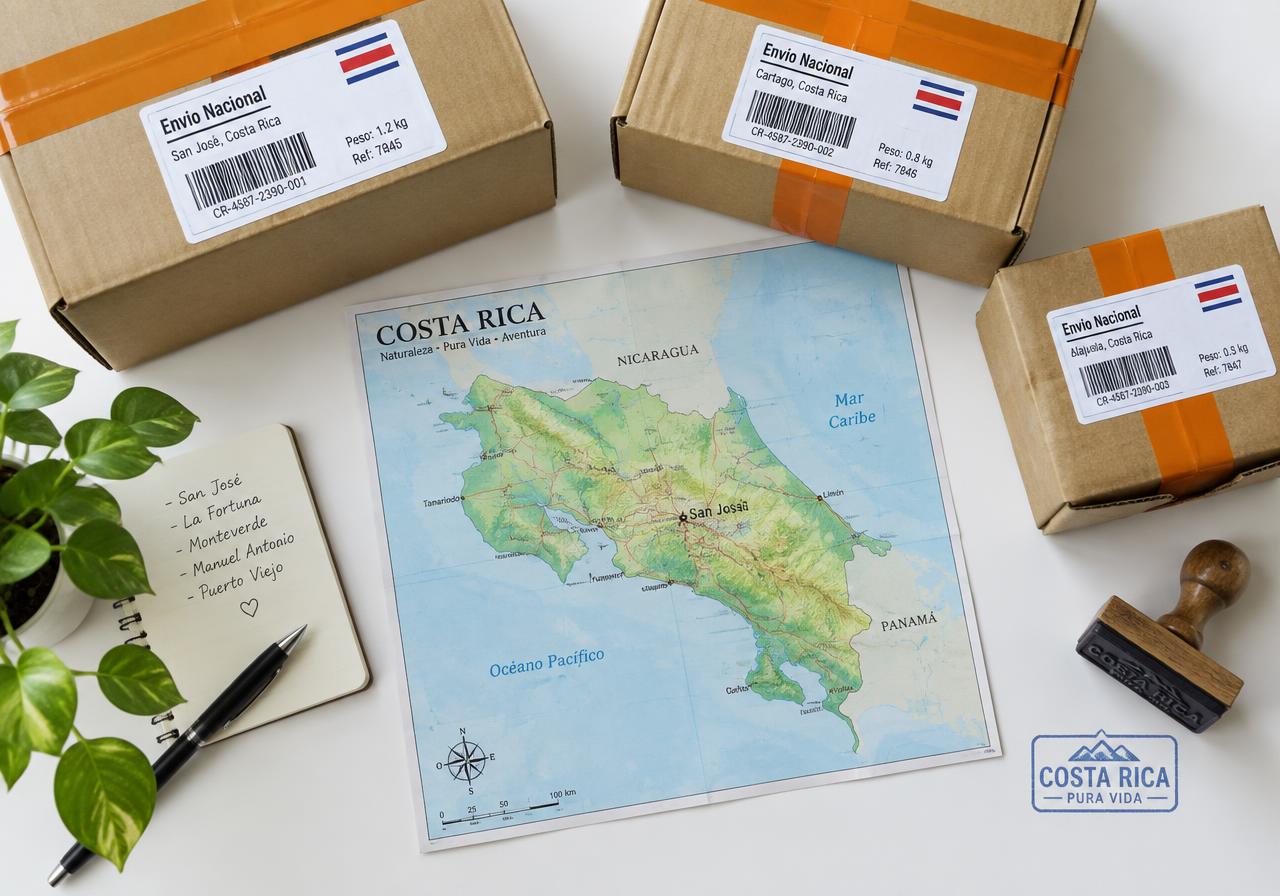 Paquetes con etiquetas de envío sobre un mapa de Costa Rica